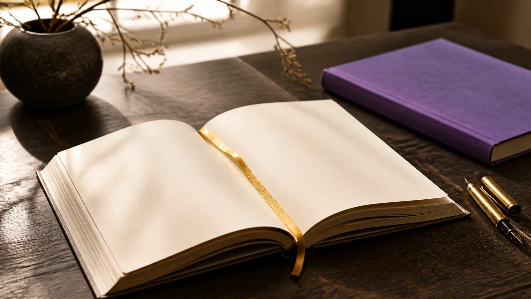 Open cream-colored notebook with a gold ribbon on a dark wooden table beside a purple book, pens, and a vase with branches.