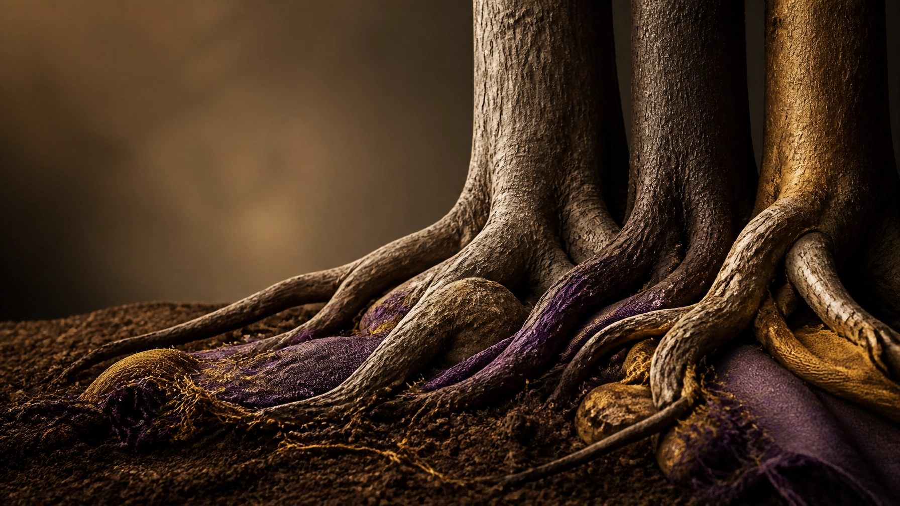 Tree trunks and intertwined purple and gold roots rise from dark soil in warm light.