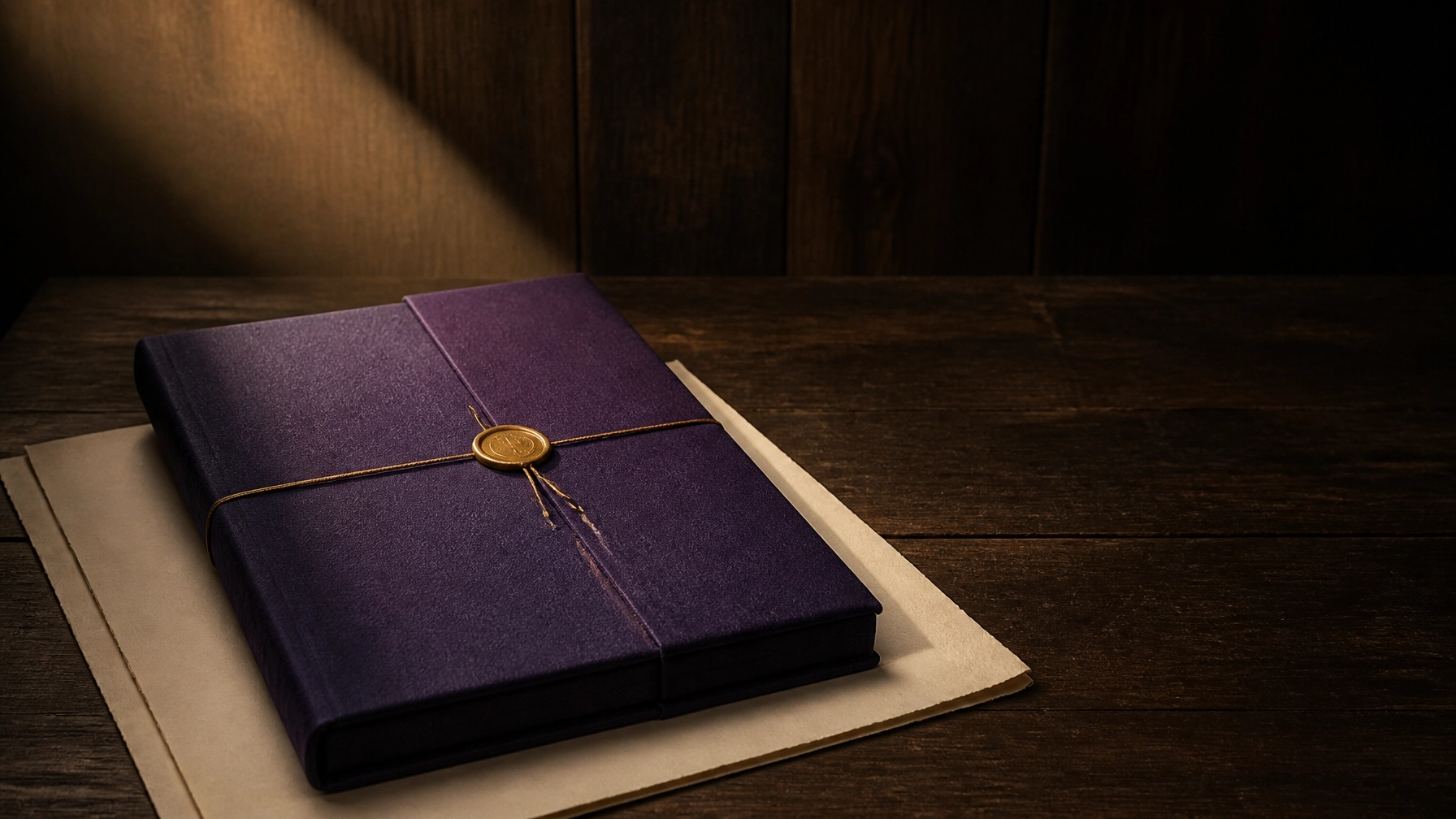 Purple folio tied with a gold cord and seal rests on cream paper on a dark wooden table.