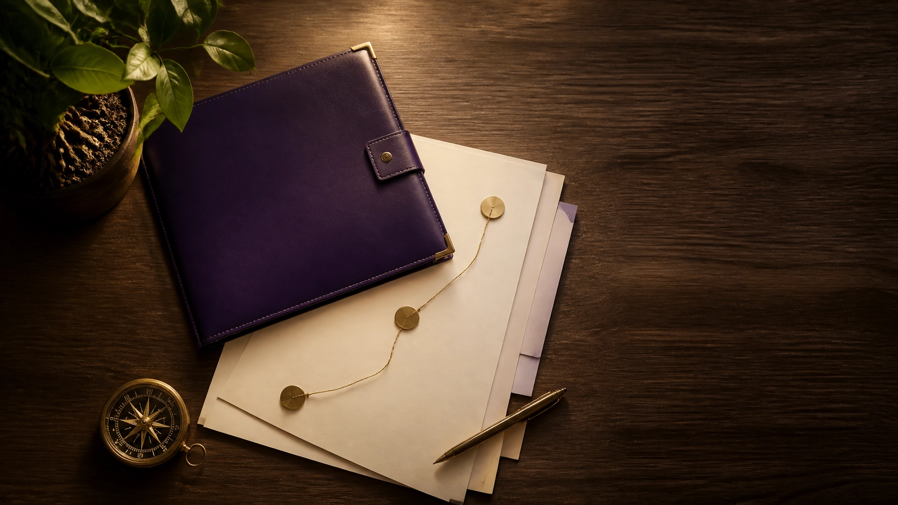 Purple planner, sealed cream envelopes, a compass, a plant, and a pen arranged on a wooden table.