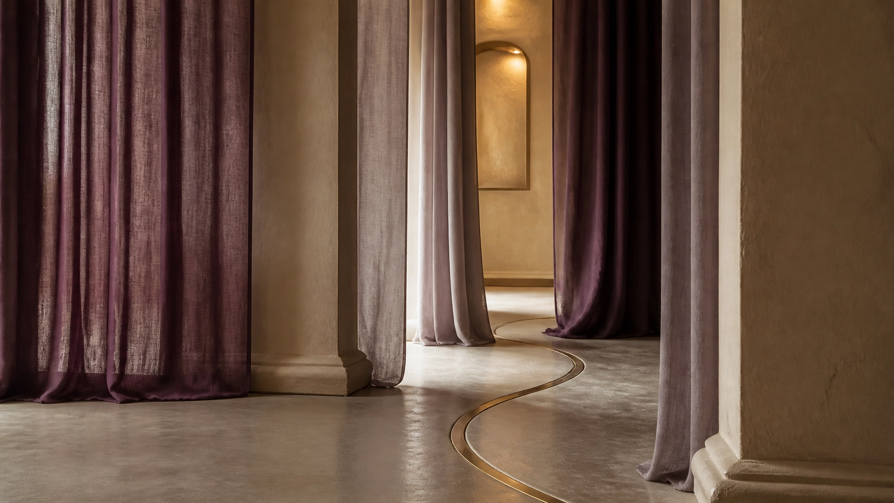 Warmly lit interior with plum curtains, a pale floor, and a curved gold inlay leading through a threshold.