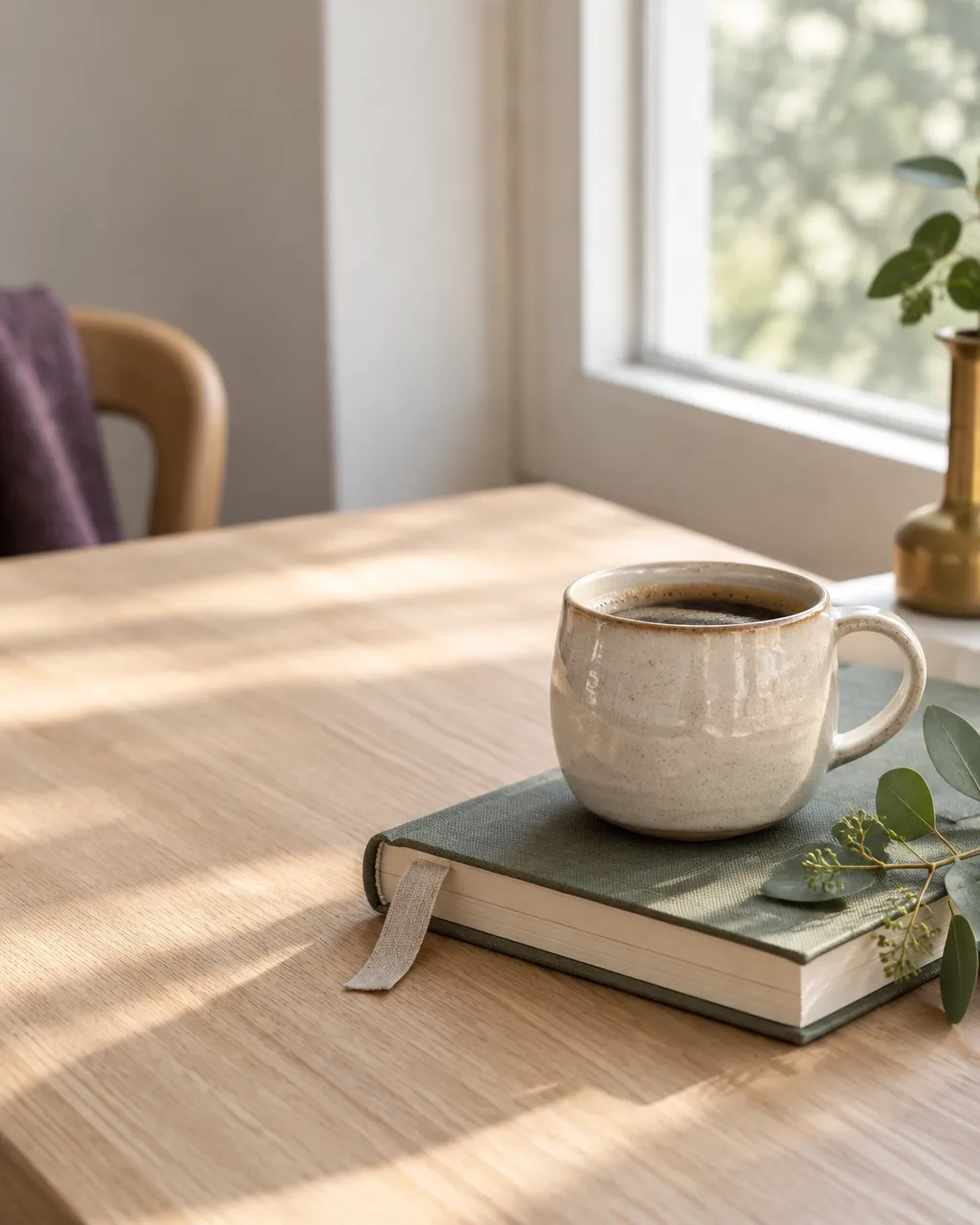 Coffee cup resting on a journal in soft morning light.