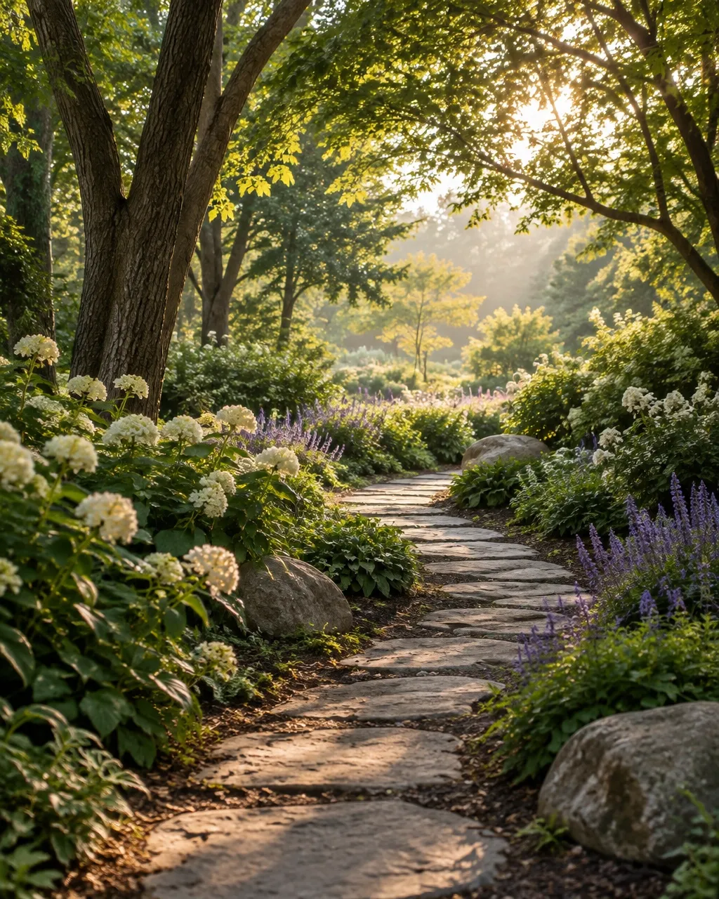 Stone garden path bordered by flowers, mature trees, and soft morning light.