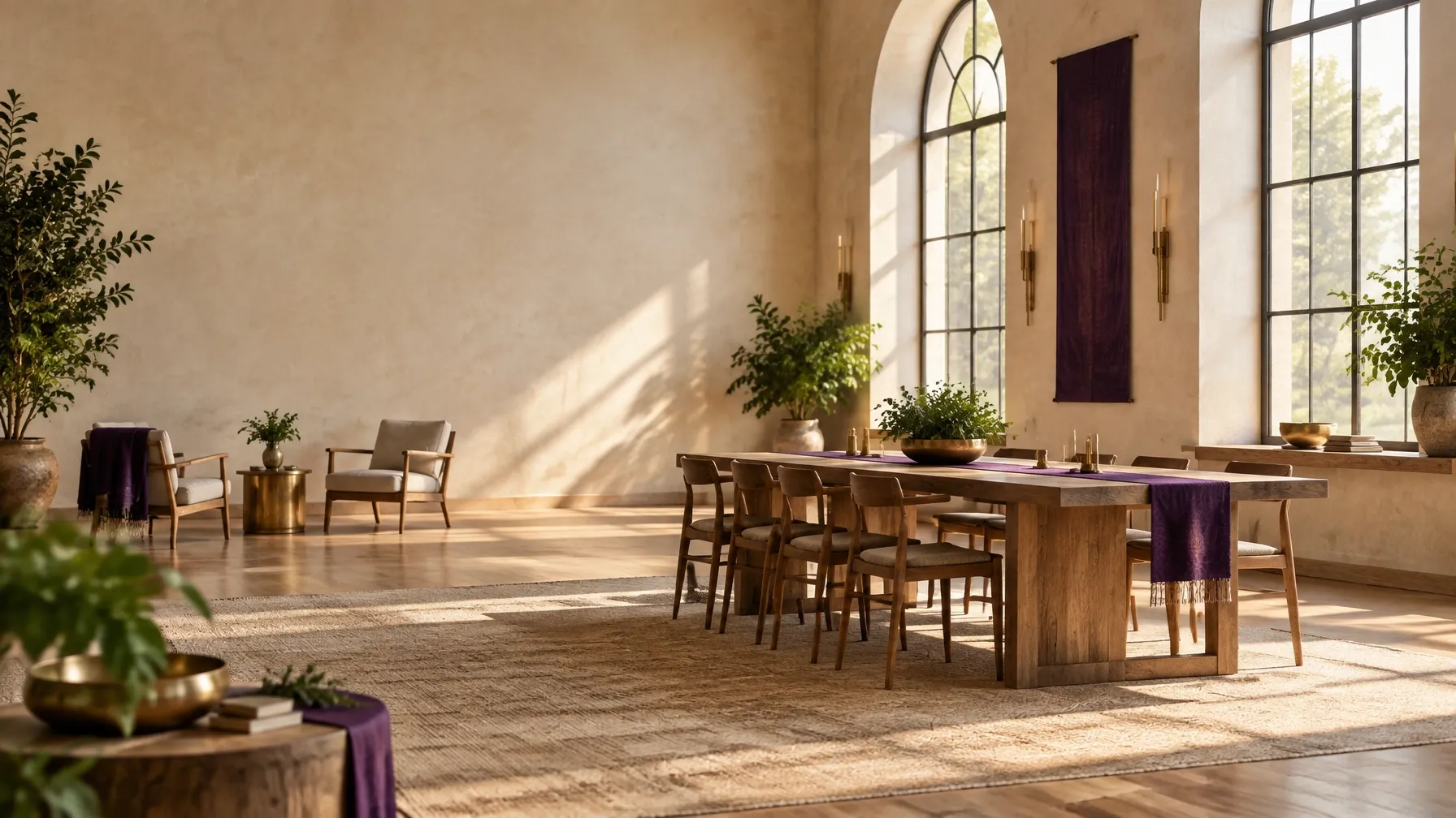 Peaceful gathering space with tall windows, plants, a long table, and warm light.