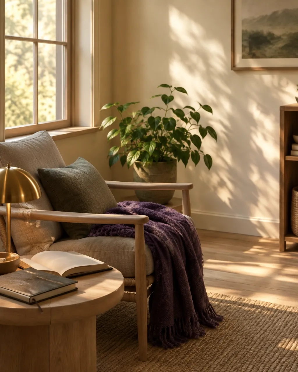 Quiet reading corner with a journal, chair, plant, and late afternoon light.