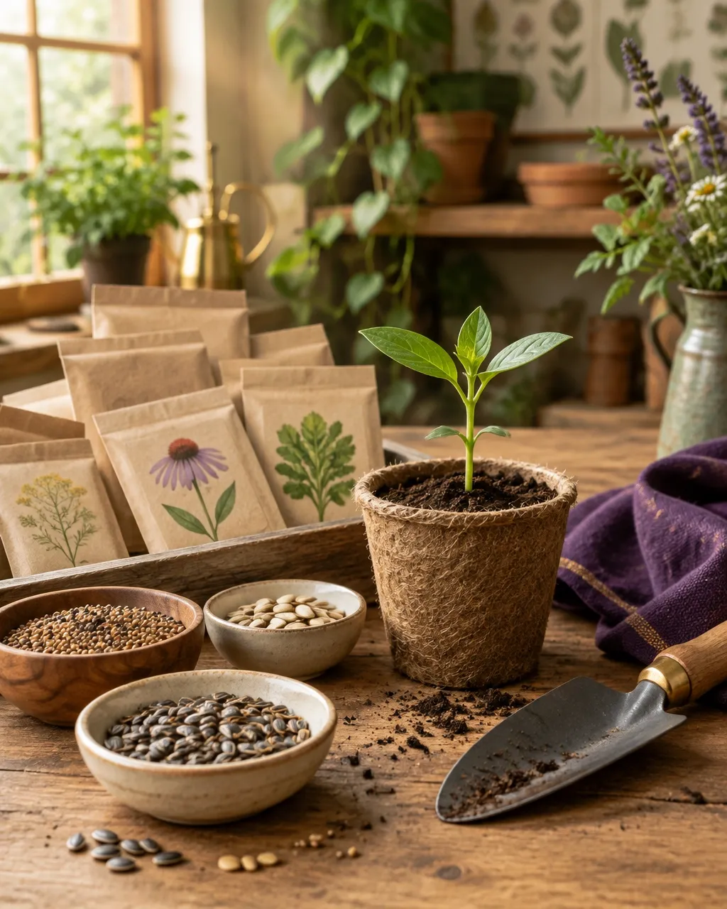 Seeds, a young sprout, and a garden trowel arranged on a worktable.
