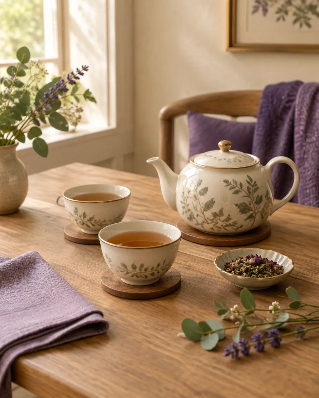 Tea setting with a teapot, cups, and botanical sprigs on a wooden table.